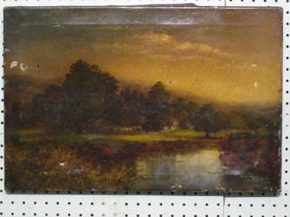 Oil painting on canvas "Country Scene with Lake" 12" x 18", 3 small holes,