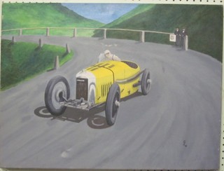 Oil on canvas study of a vintage "Amilcar Racing Car" monogrammed GJ, dated '95, slight dent to canvas, 18" x 24"