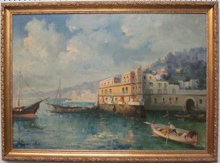 Continental oil on canvas "Harbour with Boats" 19" x 27" indistinctly signed