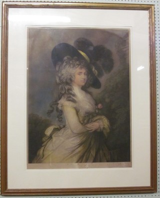 19th Century coloured print "Bonnetted Lady" 30" x 22" signed in the margin, some foxing,