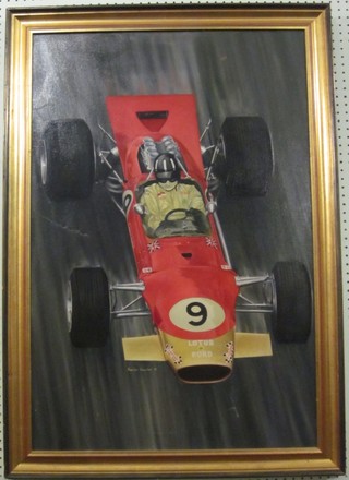 Kevin Lawler, oil on canvas "Lotus Racing Car with Racing Driver" 35" x 24", slight scuff to canvas,