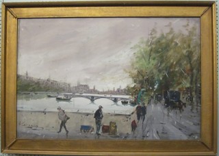 Continental impressionist oil on canvas "River Scene with Bridges and Figure Walking" 23" x 35"