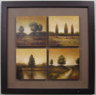 Impressionist modern Art, a set of 4 oil paintings on canvas "Studies of Trees" contained within 1 frame 37" x 36"