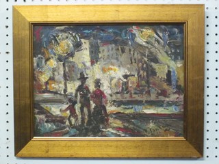 M Santiago, impressionist oil on board "Spanish Scene with Figures" 9" x 13"