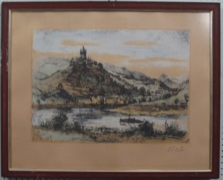 A coloured print "Chateau with River" 13" x 19" indistinctly signed