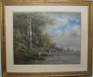 Henri Langerock, watercolour drawing "Study of Lake with Windmill in Distance and Herons" 27" x 35"