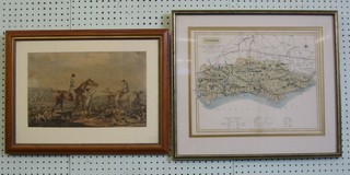 A hunting map of Sussex from Hobsons Fox Hunting Atlas, crease to the centre, tight to the margin 12" x 15", together with a hunting print, slight tear, 9" x 14"