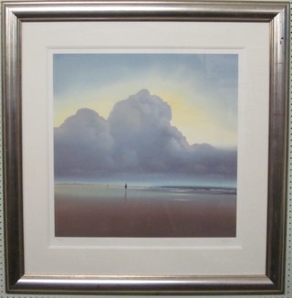Lawrence Coulson, limited edition coloured print "Made For Sharing - Seascape with Figures Walking on Beach" 23" x 23",