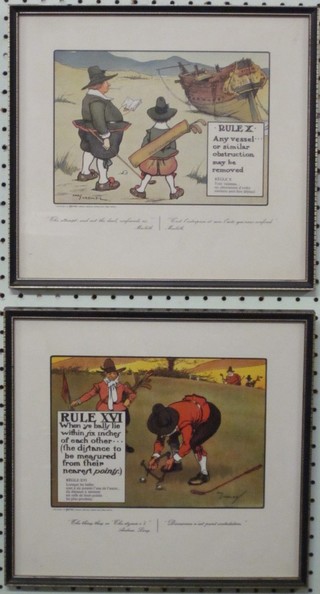 6 various golfing prints "The Rules of Golf" 10" x 11" contained in Hogarth frames