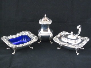 A large silver plated 3 piece condiment set comprising mustard, salt and pepper