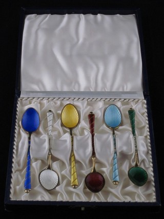 A set of 6 Danish Sterling and enamelled coffee spoons