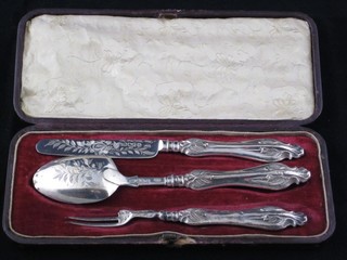A Victorian silver 3 piece Christening set comprising knife, fork and spoon, Birmingham 1850, 1 prong from fork missing, cased