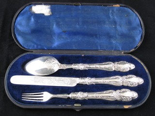 A Victorian silver 3 piece christening set comprising knife, fork and spoon, Sheffield 1866, cased
