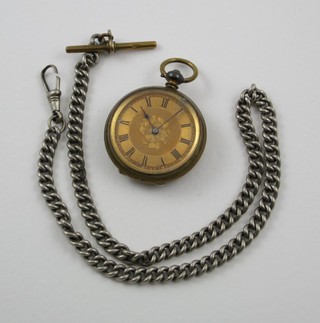 A white metal curb link watch chain 17 1/2" and a gilt metal open faced pocket watch