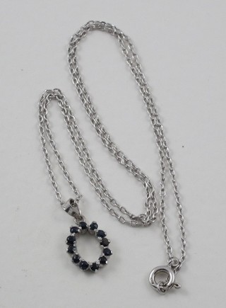 A fine silver chain hung a pendant set blue stones