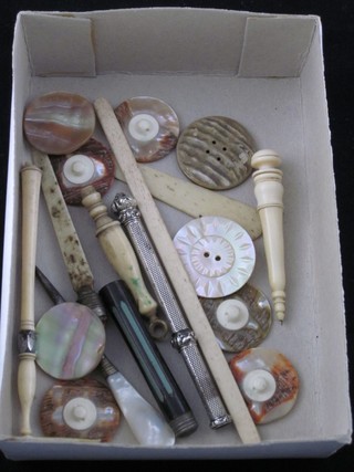 A silver plated propelling pencil by Morden & Co together, a small collection of mother of pearl buttons, ivory items, curios etc
