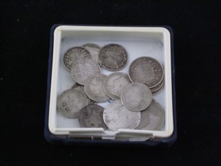 10 Victorian silver thruppence, a Victorian silver sixpence and 4 other Victorian silver coins, rubbed,