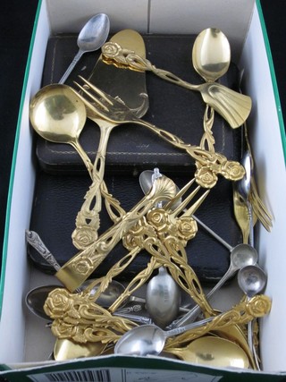 A set of 6 tea knives, a collection of gilt metal flatware and other flatware etc