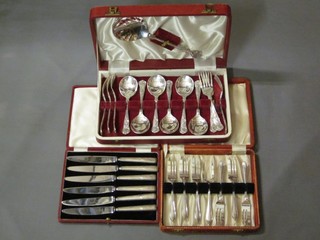 A set of 6 silver plated spoons and forks, a set of 6 forks and a set of 6 silver plated tea knives, all cased