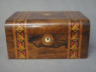 A Victorian D shaped walnut trinket box with hinged lid and  inlaid banding 12"