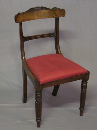 A Georgian mahogany bar back dining chair with carved mid rail  and upholstered seat, raised on turned and reeded supports