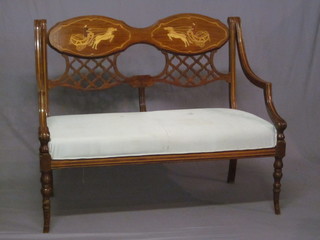 An inlaid mahogany double chair back settee with upholstered  seat, raised on turned supports 45"
