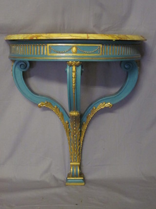 A green and gilt painted console table with marble top 27"