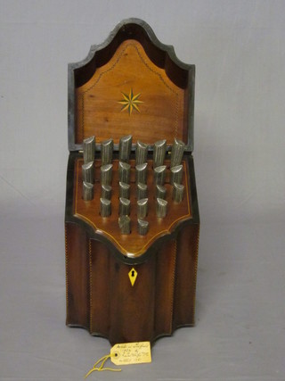 An inlaid mahogany Georgian knife box of serpentine outline  with hinged lid complete with 12 Georgian knives and forks,  Sheffield 1781 & 1782 ILLUSTRATED FRONT COVER