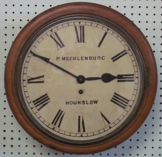 An 8 day fusee wall clock with 4 1/2" rectangular back plate and  12" painted dial, marked P Mecklenburg of Hounslow