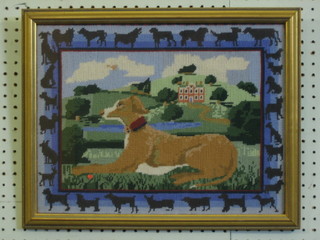 A Berlin wool work panel depicting a reclining dog by a country  house 13" x 16"