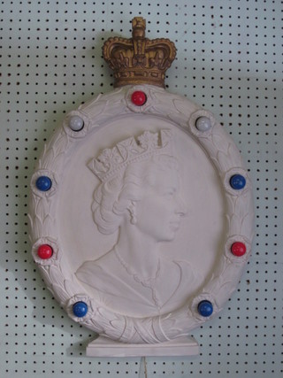 A 1953 Philips plaster Coronation commemorative shop fitting  plaque, set lights in the form of a portrait of HM The Queen, 27"