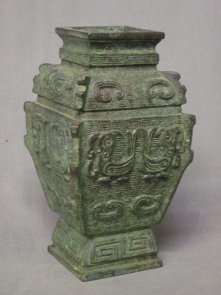 An Oriental square shaped bronze vase 9", hole to base,