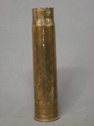 A 6lb Trench Art shell case with Egyptian engraving and the  badge of the Royal Army Ordnance Corps