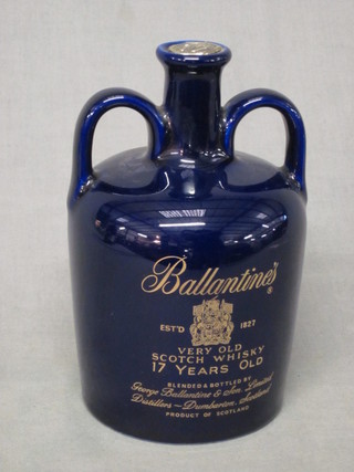A blue glazed twin handled flask of Ballantines 17 year old Scots  Whisky