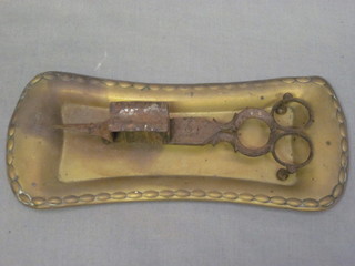 A 19th Century rectangular brass snuffer tray and a pair of steel  candle snuffers