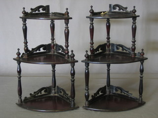 A pair of 19th Century mahogany 3 tier hanging corner what-nots  12"