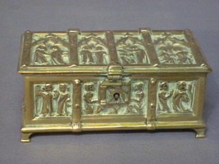 A rectangular pierced brass model coffer with hinged lid, the  base with seal mark and marked AFC 5 1/2", hinge f,