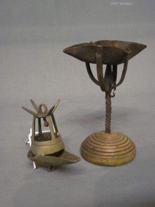 A 17th/18th Century square iron Crusie lamp, raised on a spiral column and 1 other ILLUSTRATED