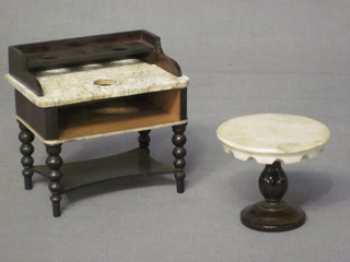 A Victorian circular marble and mahogany dolls house pedestal table 2", chip to top, together with a wash stand 4", missing a  drawer?,