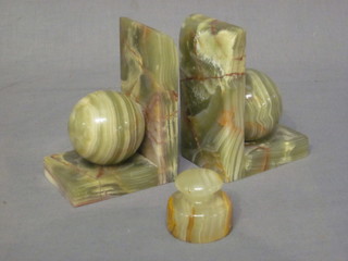 A pair of green onyx Art Deco book ends together with a  paperweight