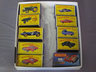 10 various Match Box toy cars - No. 50 Tractor, No. 51  Trailer, No. 52 BRM Racing car, 2 No. 53 Mercedes Benz  Coupes, No. 55 Police Control Car, No. 59 Police Chief's Car,  No. 60 Morris JT Pickup, No. 61 Armed Scout Car , together  with a New No. 45 Model BMW 30 CSL, all boxed