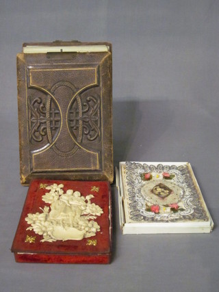2 Victorian cut paper Valentines cards, a Victorian leather bound photograph album and a plush velvet box with hinged lid