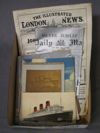 A Daily Mail May 1935 Silver Jubilee newspaper, a Selfridges Coronation programme, a postcard of RMS Queen Mary and 11  Queen Mary menus