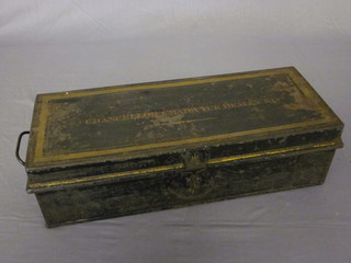 A rectangular Japanned metal wig box by Ravenscroft, the lid marked Chancellor Chadwyck Hearley KC