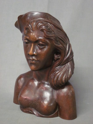 A carved hardwood Bali head and shoulders portrait bust of a  lady 12"