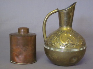 An oval Art Deco copper caddy the base marked JS &S 4 1/2"  together with an embossed brass jug marked HF & Co 9"