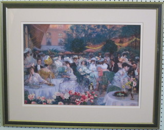 An embroidered panel depicting an Edwardian cafe scene with  figures 13" x 19"
