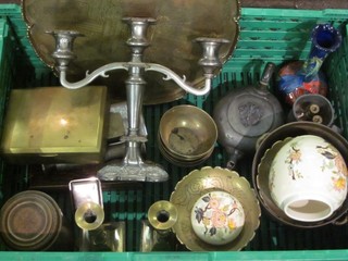 A pair of 19th Century brass candlesticks, a silver plated 3 light candelabrum together with a collection of various brassware etc