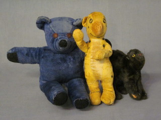 A blue teddybear with articulated limbs 11", a black cat 3", a standing figure of a humerous Cheetah