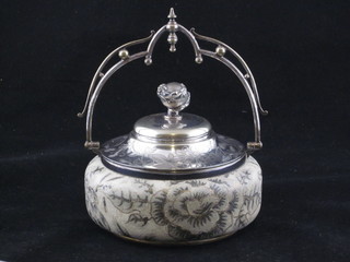 A circular Doulton Burslem US pattern shallow biscuit barrel with silver plated mounts, the base impressed Doulton & Salter  Patent 5" ILLUSTRATED